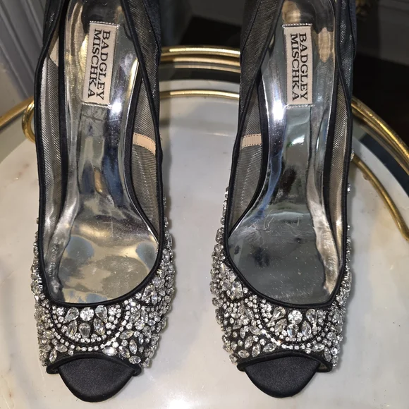 Badgley Mischka Black Crystal Embellished Heels - Picture 1 of 3